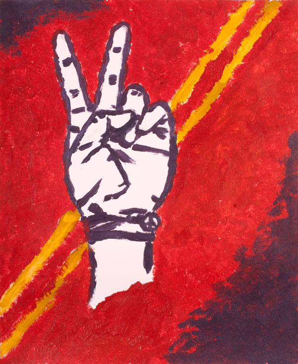 Strong image on hand on colorful background.