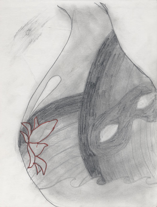 Drawing of rainbow, mask, and flower.