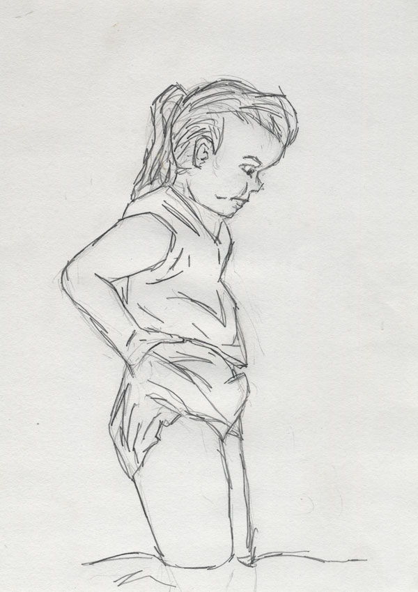 Girl wading in water.